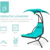 imageBest Choice Products Outdoor Hanging Curved Steel Chaise Lounge Chair Swing wBuiltin Pillow and Removable Canopy  Navy BlueTeal