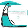 imageBest Choice Products Outdoor Hanging Curved Steel Chaise Lounge Chair Swing wBuiltin Pillow and Removable Canopy  Navy BlueTeal