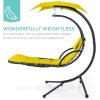 imageBest Choice Products Outdoor Hanging Curved Steel Chaise Lounge Chair Swing wBuiltin Pillow and Removable Canopy  Navy BlueYellow