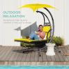imageBest Choice Products Outdoor Hanging Curved Steel Chaise Lounge Chair Swing wBuiltin Pillow and Removable Canopy  Navy BlueYellow