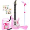imageBest Choice Products Kids Electric Musical Guitar Play Set Toy Guitar Starter Kit Bundle w 6 Demo Songs Whammy Bar Microphone Amp AUX 2 Sticker Sheets  PinkSoft Pink