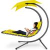 imageBest Choice Products Outdoor Hanging Curved Steel Chaise Lounge Chair Swing wBuiltin Pillow and Removable Canopy  Navy BlueYellow