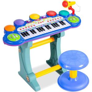 imageBest Choice Products 37Key Kids Electronic Musical Instrument Piano Learning Toy Keyboard w Multiple Sounds Lights Microphone Stool  PinkBlue