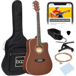 imageBest Choice Products 41in Beginner Acoustic Guitar Full Size All Wood Cutaway Guitar Starter Set wCase Strap Capo Strings Picks  BlackDark Brown
