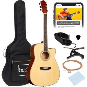 imageBest Choice Products 41in Beginner Acoustic Guitar Full Size All Wood Cutaway Guitar Starter Set wCase Strap Capo Strings Picks  BlackNatural