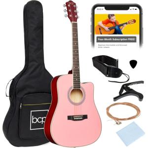 imageBest Choice Products 41in Beginner Acoustic Guitar Full Size All Wood Cutaway Guitar Starter Set wCase Strap Capo Strings Picks  BlackPink