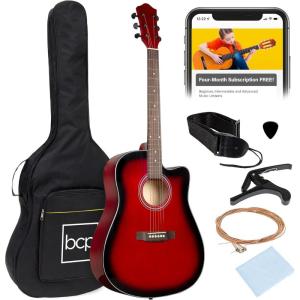 imageBest Choice Products 41in Beginner Acoustic Guitar Full Size All Wood Cutaway Guitar Starter Set wCase Strap Capo Strings Picks  BlackRed