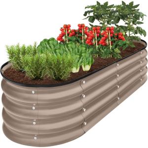 imageBest Choice Products 8x2x1ft Outdoor Metal Raised Garden Bed Oval Deep Root Planter Box for Vegetables Flowers Herbs and Succulents w 108 Gallon Capacity  Dark GreenTaupe