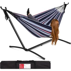 imageBest Choice Products Double Hammock with Steel Stand Indoor Outdoor BrazilianStyle Cotton Bed wCarrying Bag 2Person Capacity  Desert StripesAbyss