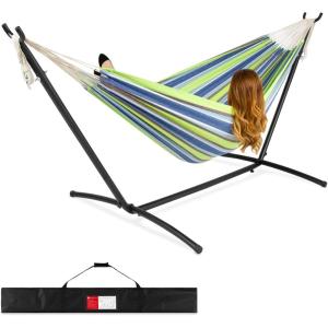imageBest Choice Products Double Hammock with Steel Stand Indoor Outdoor BrazilianStyle Cotton Bed wCarrying Bag 2Person Capacity  Desert StripesBlue Green Stripe