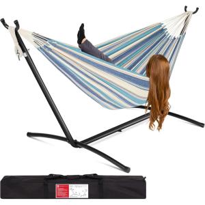 imageBest Choice Products Double Hammock with Steel Stand Indoor Outdoor BrazilianStyle Cotton Bed wCarrying Bag 2Person Capacity  Desert StripesOcean
