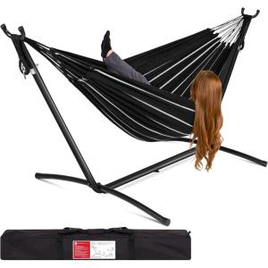 imageBest Choice Products Double Hammock with Steel Stand Indoor Outdoor BrazilianStyle Cotton Bed wCarrying Bag 2Person Capacity  Desert StripesOnyx