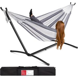 imageBest Choice Products Double Hammock with Steel Stand Indoor Outdoor BrazilianStyle Cotton Bed wCarrying Bag 2Person Capacity  Desert StripesSteel