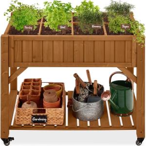 imageBest Choice Products Elevated 8 Pocket Herb Garden Bed Mobile Raised Customizable Wood Planter for Herbs Vegetables Flowers wLockable Wheels Storage Shelf Drainage Holes  Acorn Brown