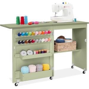 imageBest Choice Products Folding Sewing Table Multipurpose Craft Station ampamp Side Desk with Compact Design Wheels Shelves Storage Trays Pegs Magnetic Doors Metal Doorknobs  WhiteLight Green