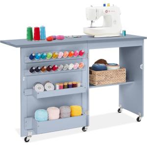 imageBest Choice Products Folding Sewing Table Multipurpose Craft Station ampamp Side Desk with Compact Design Wheels Shelves Storage Trays Pegs Magnetic Doors Metal Doorknobs  WhiteLight Blue