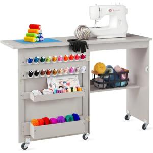 imageBest Choice Products Folding Sewing Table Multipurpose Craft Station ampamp Side Desk with Compact Design Wheels Shelves Storage Trays Pegs Magnetic Doors Metal Doorknobs  WhiteGrey