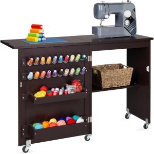 imageBest Choice Products Folding Sewing Table Multipurpose Craft Station ampamp Side Desk with Compact Design Wheels Shelves Storage Trays Pegs Magnetic Doors Metal Doorknobs  WhiteEspresso
