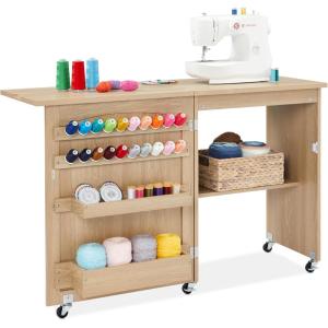 imageBest Choice Products Folding Sewing Table Multipurpose Craft Station ampamp Side Desk with Compact Design Wheels Shelves Storage Trays Pegs Magnetic Doors Metal Doorknobs  WhiteLight Brown