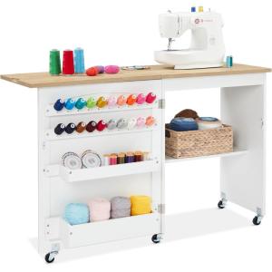 imageBest Choice Products Folding Sewing Table Multipurpose Craft Station ampamp Side Desk with Compact Design Wheels Shelves Storage Trays Pegs Magnetic Doors Metal Doorknobs  WhiteNaturalWhite
