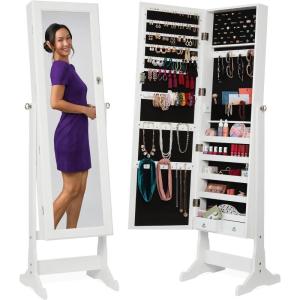 imageBest Choice Products Freestanding Jewelry Armoire Cabinet Full Length Standing Mirror Lockable Makeup Storage Organizer wVelvet Lining 3 Angles Lock Accessory Pouch 5 Shelves  BlackWhite