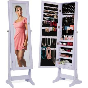 imageBest Choice Products Freestanding Jewelry Armoire Cabinet Full Length Standing Mirror Lockable Makeup Storage Organizer wVelvet Lining 3 Angles Lock Accessory Pouch 5 Shelves  BlackLavender