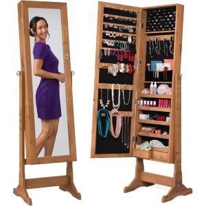 imageBest Choice Products Freestanding Jewelry Armoire Cabinet Full Length Standing Mirror Lockable Makeup Storage Organizer wVelvet Lining 3 Angles Lock Accessory Pouch 5 Shelves  BlackRustic Brown