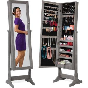 imageBest Choice Products Freestanding Jewelry Armoire Cabinet Full Length Standing Mirror Lockable Makeup Storage Organizer wVelvet Lining 3 Angles Lock Accessory Pouch 5 Shelves  BlackGray Oak