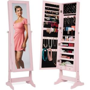 imageBest Choice Products Freestanding Jewelry Armoire Cabinet Full Length Standing Mirror Lockable Makeup Storage Organizer wVelvet Lining 3 Angles Lock Accessory Pouch 5 Shelves  BlackDusty Pink