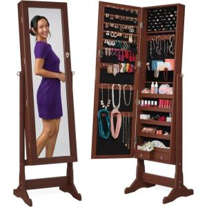 imageBest Choice Products Freestanding Jewelry Armoire Cabinet Full Length Standing Mirror Lockable Makeup Storage Organizer wVelvet Lining 3 Angles Lock Accessory Pouch 5 Shelves  BlackWalnut