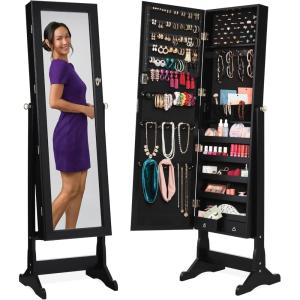 imageBest Choice Products Freestanding Jewelry Armoire Cabinet Full Length Standing Mirror Lockable Makeup Storage Organizer wVelvet Lining 3 Angles Lock Accessory Pouch 5 Shelves  BlackBlack
