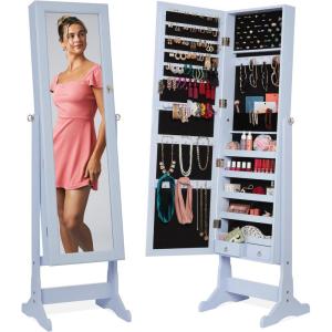 imageBest Choice Products Freestanding Jewelry Armoire Cabinet Full Length Standing Mirror Lockable Makeup Storage Organizer wVelvet Lining 3 Angles Lock Accessory Pouch 5 Shelves  BlackPowder Blue