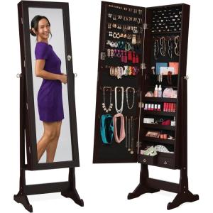 imageBest Choice Products Freestanding Jewelry Armoire Cabinet Full Length Standing Mirror Lockable Makeup Storage Organizer wVelvet Lining 3 Angles Lock Accessory Pouch 5 Shelves  BlackEspresso