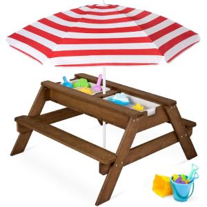imageBest Choice Products Kids 3in1 Sand ampamp Water Table Wood Outdoor Convertible Picnic Table wUmbrella 2 Trays Removable Top 220lb Capacity Per Bench GreenWalnutRed