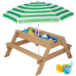 imageBest Choice Products Kids 3in1 Sand ampamp Water Table Wood Outdoor Convertible Picnic Table wUmbrella 2 Trays Removable Top 220lb Capacity Per Bench GreenGreen
