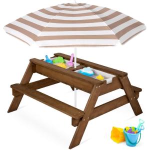 imageBest Choice Products Kids 3in1 Sand ampamp Water Table Wood Outdoor Convertible Picnic Table wUmbrella 2 Trays Removable Top 220lb Capacity Per Bench GreenWalnutBeige
