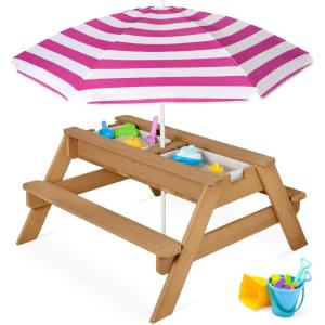 imageBest Choice Products Kids 3in1 Sand ampamp Water Table Wood Outdoor Convertible Picnic Table wUmbrella 2 Trays Removable Top 220lb Capacity Per Bench GreenNaturalDark Pink