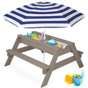 imageBest Choice Products Kids 3in1 Sand ampamp Water Table Wood Outdoor Convertible Picnic Table wUmbrella 2 Trays Removable Top 220lb Capacity Per Bench GreenGrayNavy