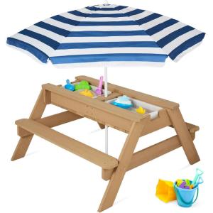 imageBest Choice Products Kids 3in1 Sand ampamp Water Table Wood Outdoor Convertible Picnic Table wUmbrella 2 Trays Removable Top 220lb Capacity Per Bench GreenNavy