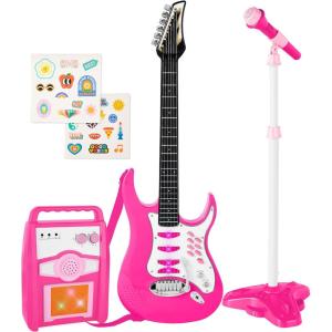 imageBest Choice Products Kids Electric Musical Guitar Play Set Toy Guitar Starter Kit Bundle w 6 Demo Songs Whammy Bar Microphone Amp AUX 2 Sticker Sheets  PinkPink