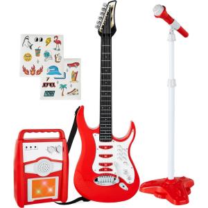 imageBest Choice Products Kids Electric Musical Guitar Play Set Toy Guitar Starter Kit Bundle w 6 Demo Songs Whammy Bar Microphone Amp AUX 2 Sticker Sheets  PinkRed