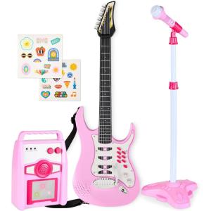 imageBest Choice Products Kids Electric Musical Guitar Play Set Toy Guitar Starter Kit Bundle w 6 Demo Songs Whammy Bar Microphone Amp AUX 2 Sticker Sheets  PinkSoft Pink
