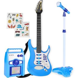 imageBest Choice Products Kids Electric Musical Guitar Play Set Toy Guitar Starter Kit Bundle w 6 Demo Songs Whammy Bar Microphone Amp AUX 2 Sticker Sheets  PinkElectric Blue
