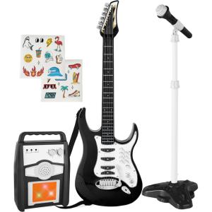 imageBest Choice Products Kids Electric Musical Guitar Play Set Toy Guitar Starter Kit Bundle w 6 Demo Songs Whammy Bar Microphone Amp AUX 2 Sticker Sheets  PinkBlack