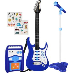 imageBest Choice Products Kids Electric Musical Guitar Play Set Toy Guitar Starter Kit Bundle w 6 Demo Songs Whammy Bar Microphone Amp AUX 2 Sticker Sheets  PinkBlue