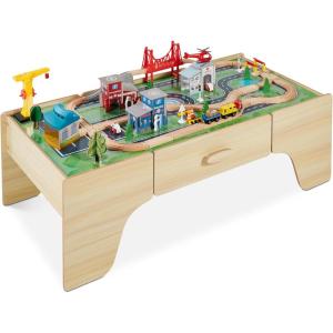 imageBest Choice Products Large 50in 35Piece Train Table Multipurpose Wooden Toy Activity Playset for Children wTracks Reversible Top  WalnutNatural