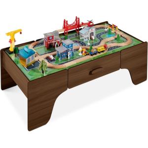 imageBest Choice Products Large 50in 35Piece Train Table Multipurpose Wooden Toy Activity Playset for Children wTracks Reversible Top  WalnutWalnut