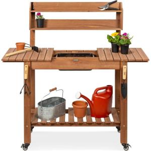 imageBest Choice Products Mobile Garden Potting Bench Outdoor Wood Workstation Table wSliding Tabletop 4 Locking Wheels Food Grade Dry Sink Storage Shelves  BrownBrown