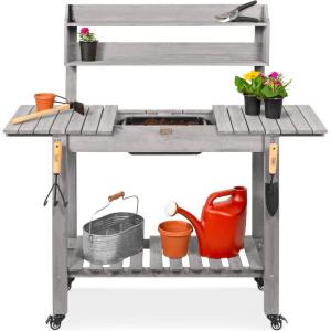 imageBest Choice Products Mobile Garden Potting Bench Outdoor Wood Workstation Table wSliding Tabletop 4 Locking Wheels Food Grade Dry Sink Storage Shelves  BrownGray