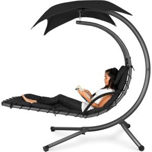 imageBest Choice Products Outdoor Hanging Curved Steel Chaise Lounge Chair Swing wBuiltin Pillow and Removable Canopy  Navy BlueBlack